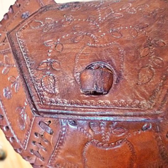 Hand Crafted Tooled Leather Shoulder Bag in Unique Hexagon Shape - Picture 11 of 15